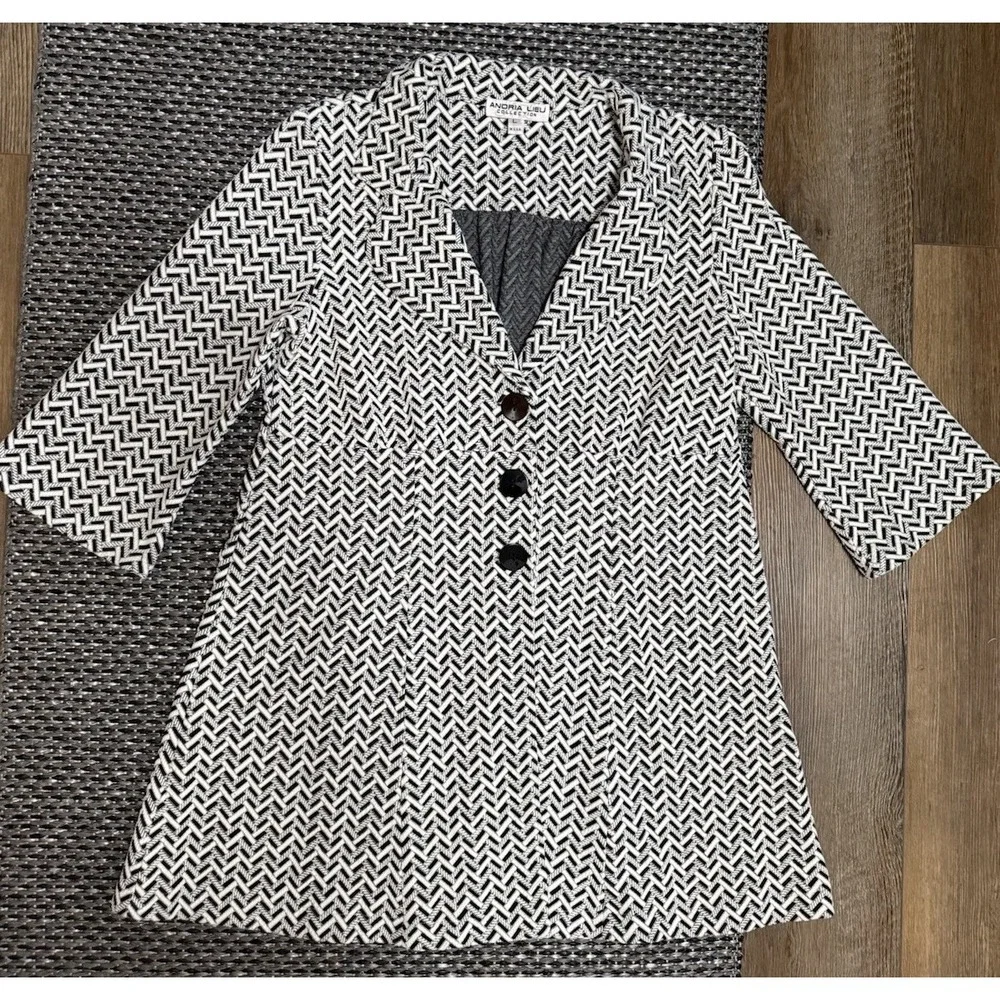 VTG Andria Lieu Womens 3 Button Black White‎ Chevron Knit Jacket 3/4 Sleeve Sz L